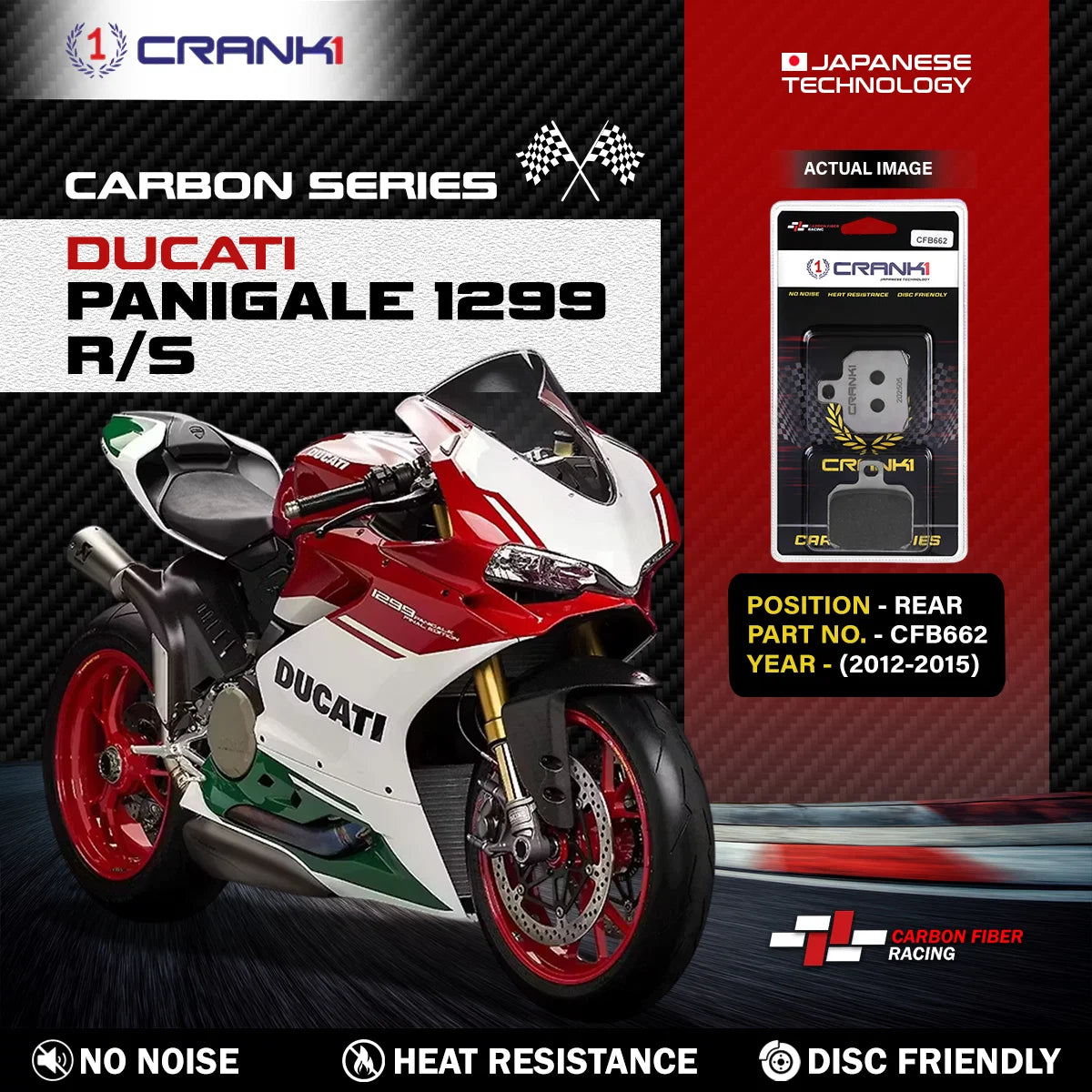 CRANK1 CFB662 carbon rear brake pads for Ducati Panigale 1299 R/S 2012-2015
