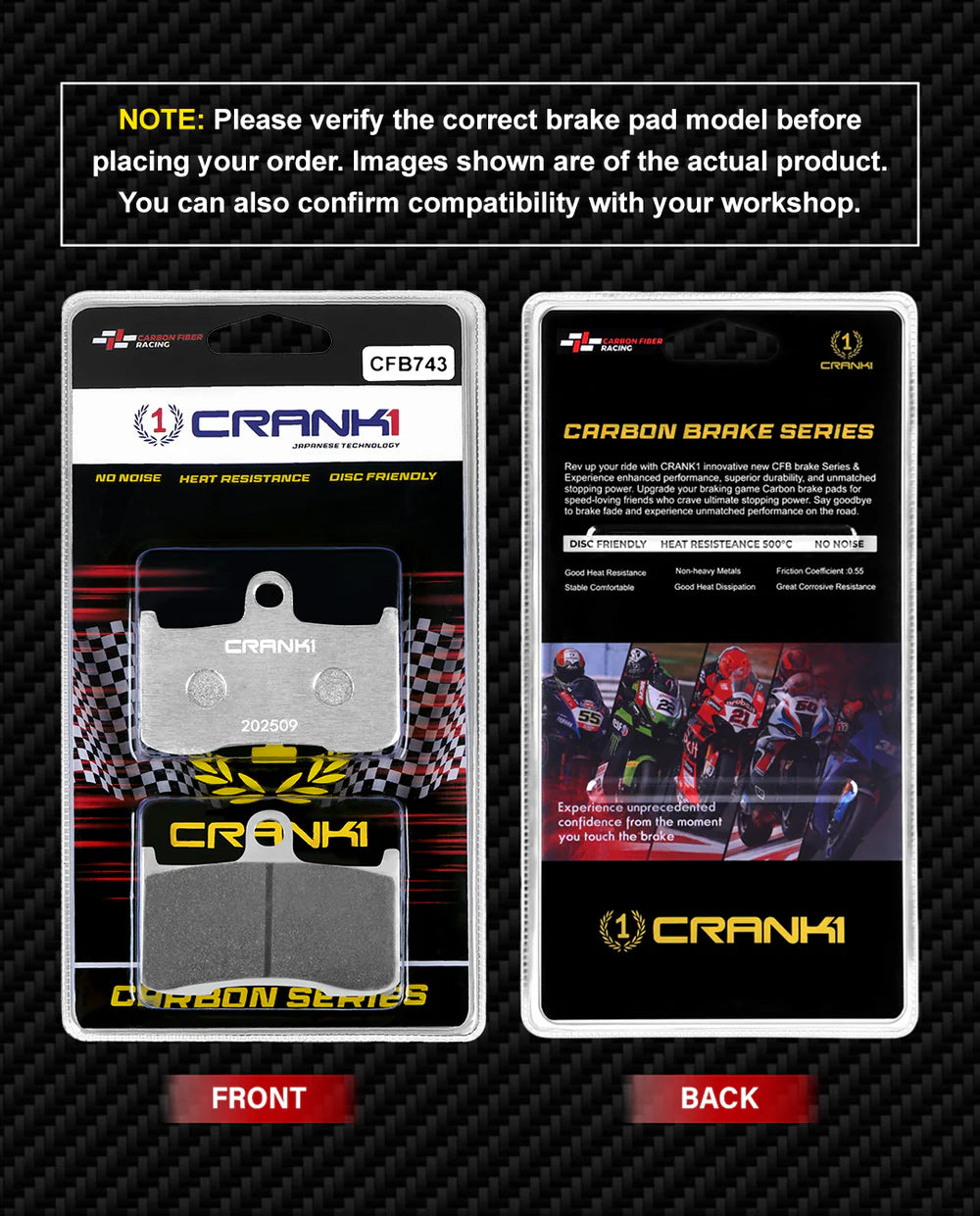 CRANK1 CFB743 Carbon Front Brake Pads for Kawasaki Z900RS Cafe