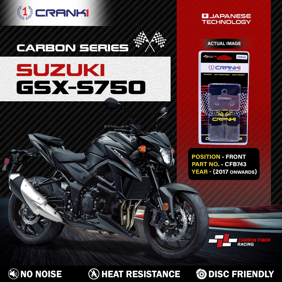 CRANK1 CFB743 Carbon Front Brake Pads for Suzuki GSX-S750