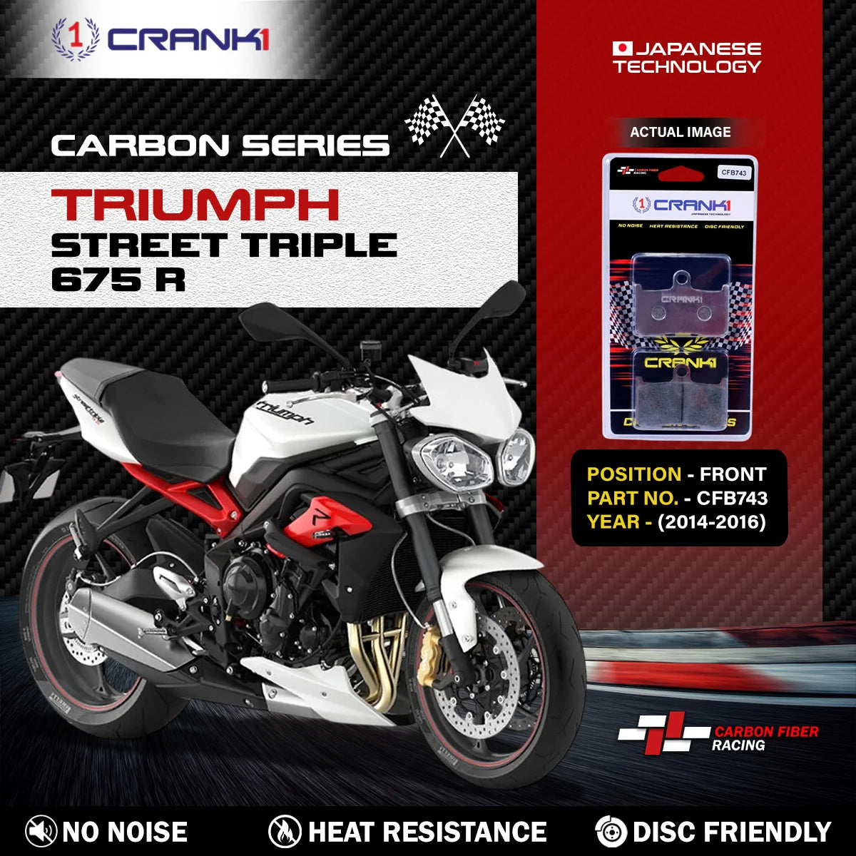 CRANK1 CFB743 Carbon Front Brake Pads for Triumph Street Triple 675 R