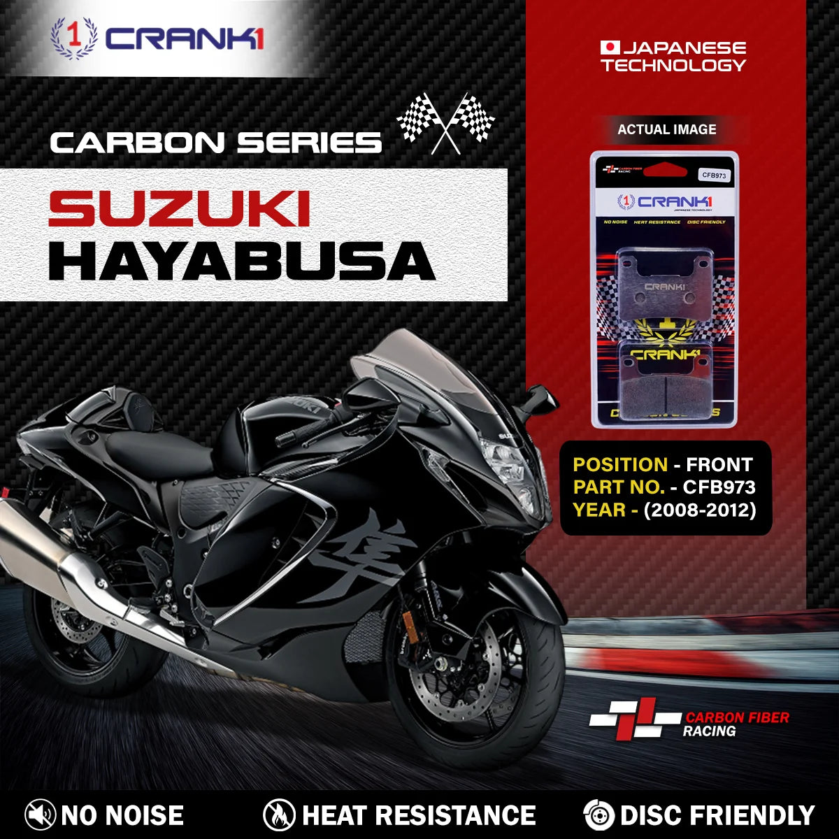 CRANK1 CFB973 Carbon Front Brake Pads For Suzuki Hayabusa GSX1300R 2008-2012 Motorcycle