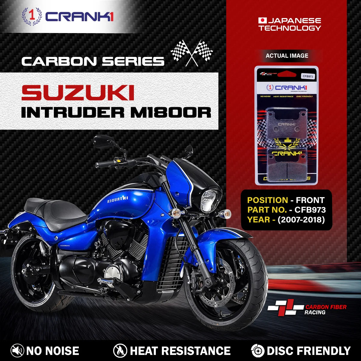 CRANK1 CFB973 Carbon Front Brake Pads For Suzuki Intruder M1800R 2007-2018 Motorcycle