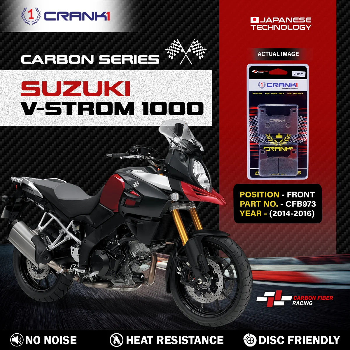 CRANK1 CFB973 Carbon Front Brake Pads For Suzuki V-Strom 1000 2014-2016 Motorcycle