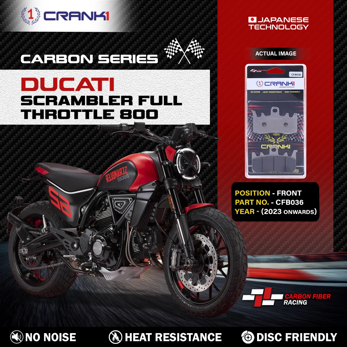 CRANK1 Carbon Brake Pads CFB036 Front for Ducati Scrambler Full Throttle 800 2023