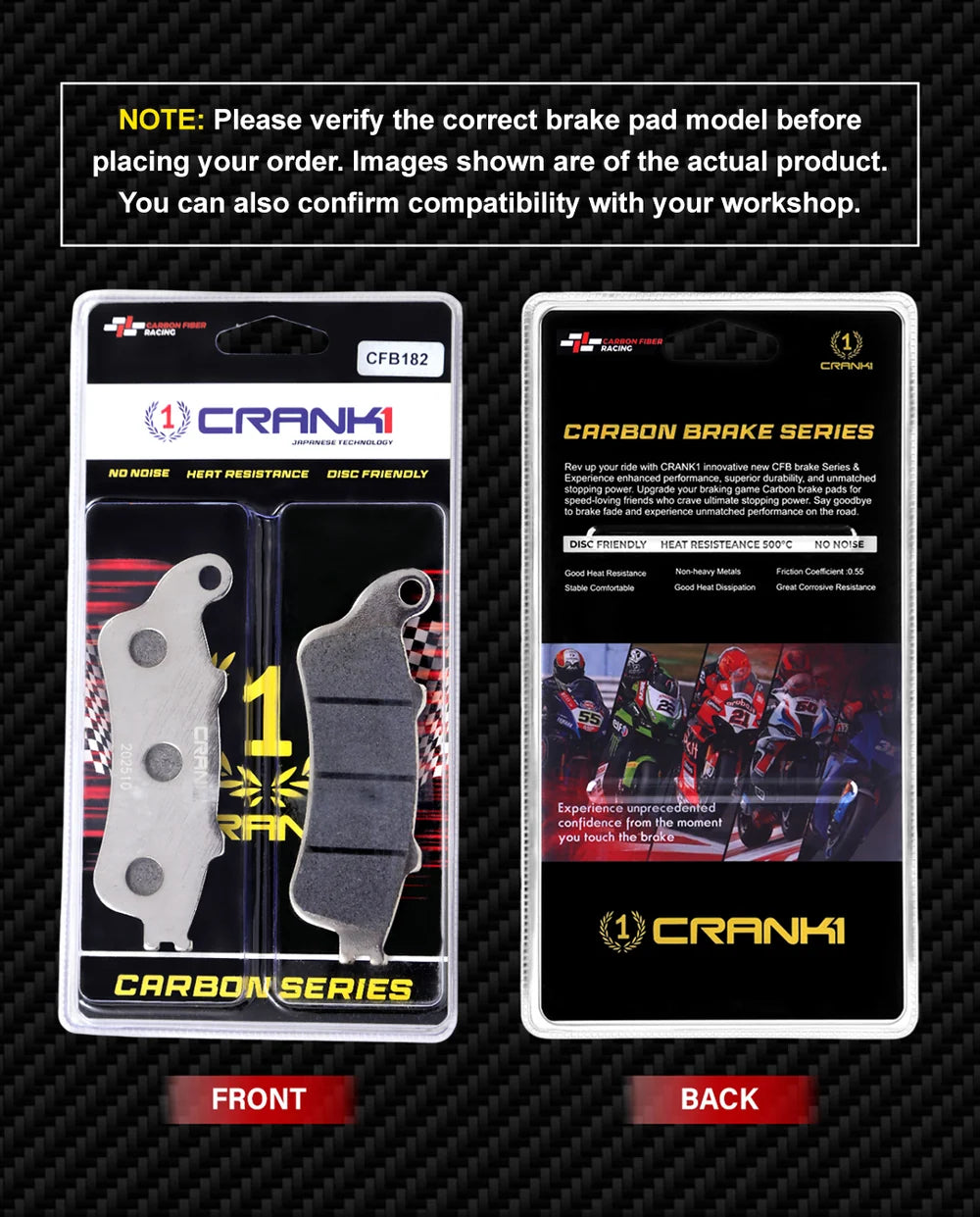 CRANK1 Carbon Brake Pads CFB182 for Kawasaki Vulcan S Front