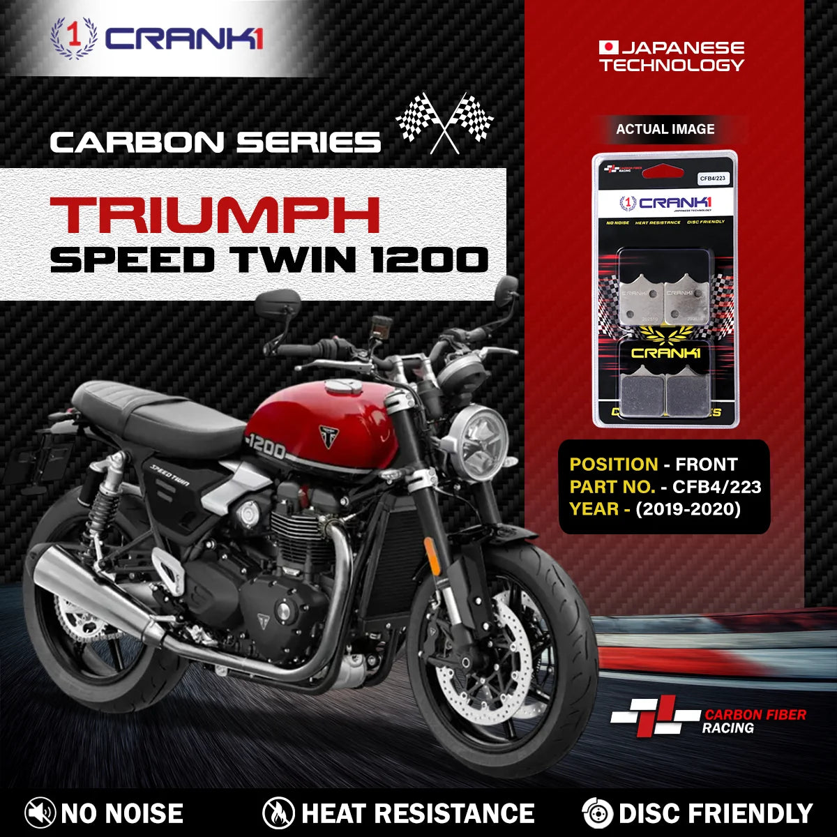 CRANK1 Carbon Brake Pads CFB4/223 Front for Triumph Speed Twin 1200 2019-2020 Carbon Kevlar Motorcycle Disc Brake Pads 2 Sets