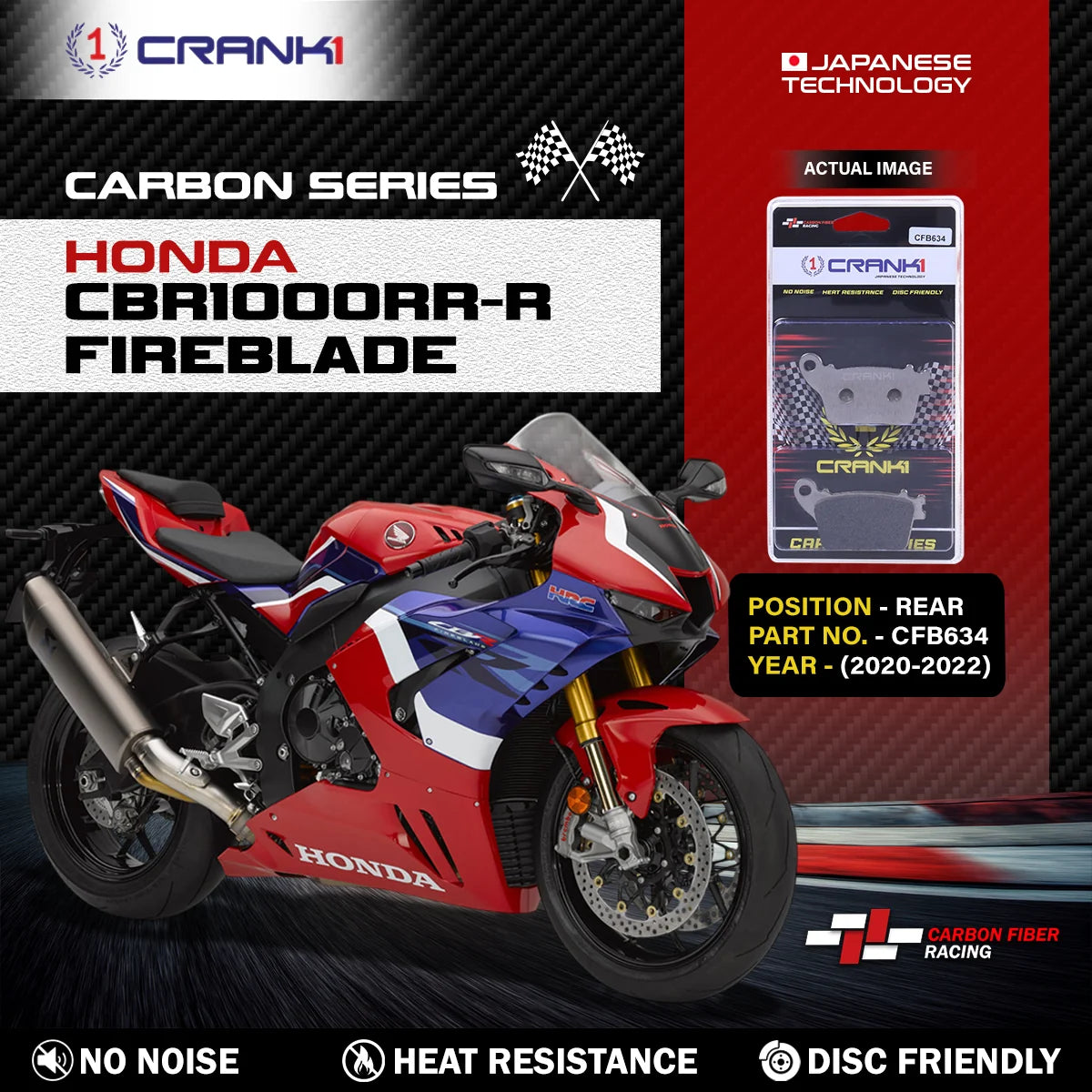 CRANK1 Carbon Brake Pads Rear For Honda CBR1000RR-R Fireblade 2020-2022 CFB634