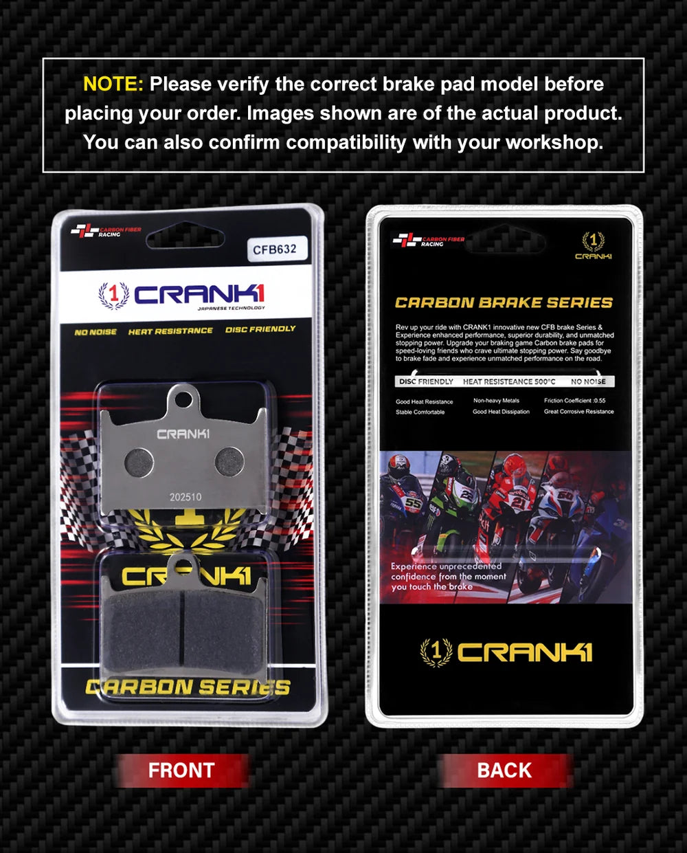 CRANK1 Carbon Front Brake Pads CFB632 for Triumph Thunderbird Storm 2009-2019 Premium Motorcycle Brake Pads