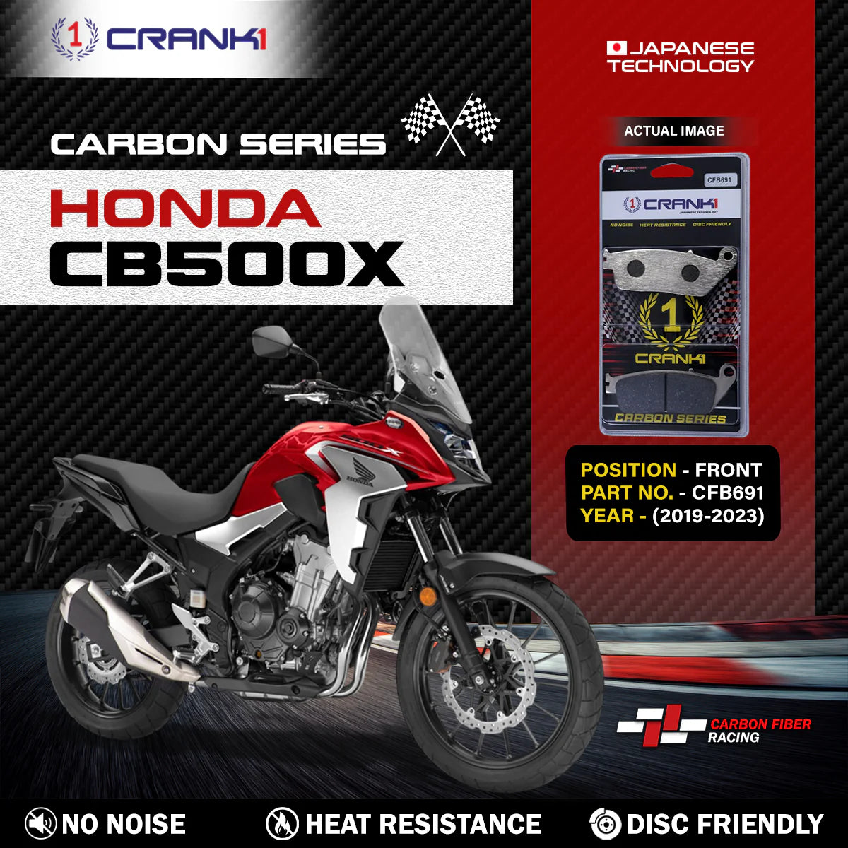 CRANK1 Carbon Front Brake Pads CFB691 for Honda CB500X 2019-2023 Adventure Motorcycle Brake Upgrade
