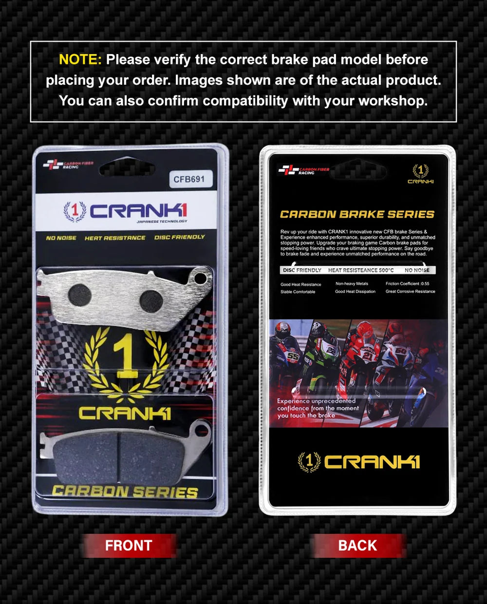 CRANK1 Carbon Front Brake Pads CFB691 for Triumph Bonneville T120 2016 Onwards High Performance Motorcycle Brake Pads