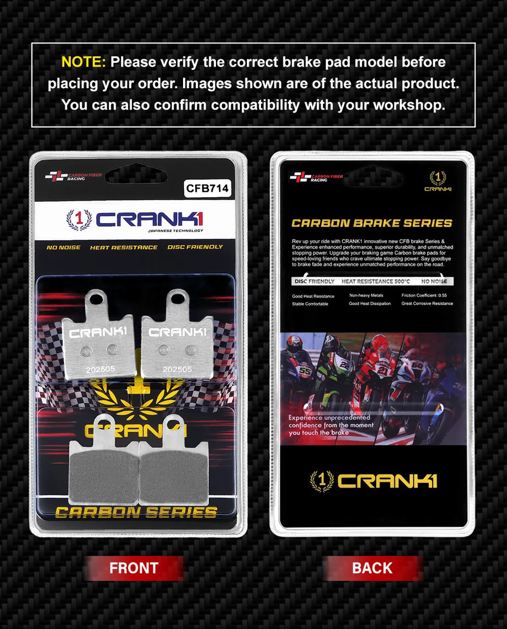 CRANK1 Carbon Front Brake Pads CFB714 for Kawasaki Ninja ZX-14R 2021 Performance Motorcycle Brake Pads