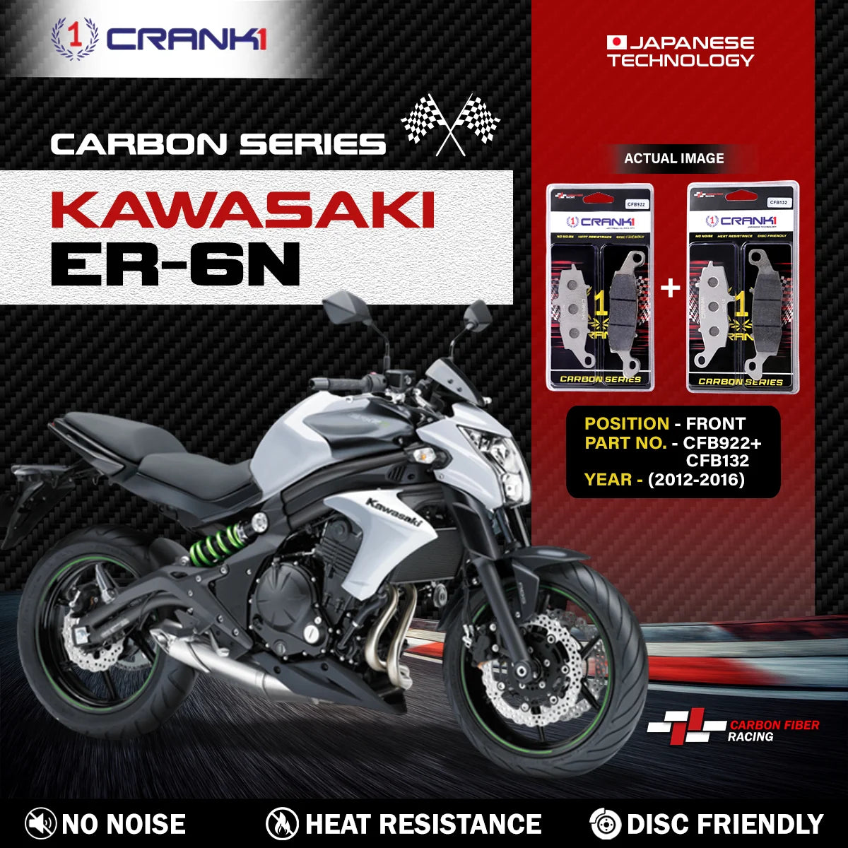 CRANK1 Carbon Front Brake Pads CFB922 CFB132 for Kawasaki ER-6N 2012-2016 High Performance Motorcycle Brake Pads