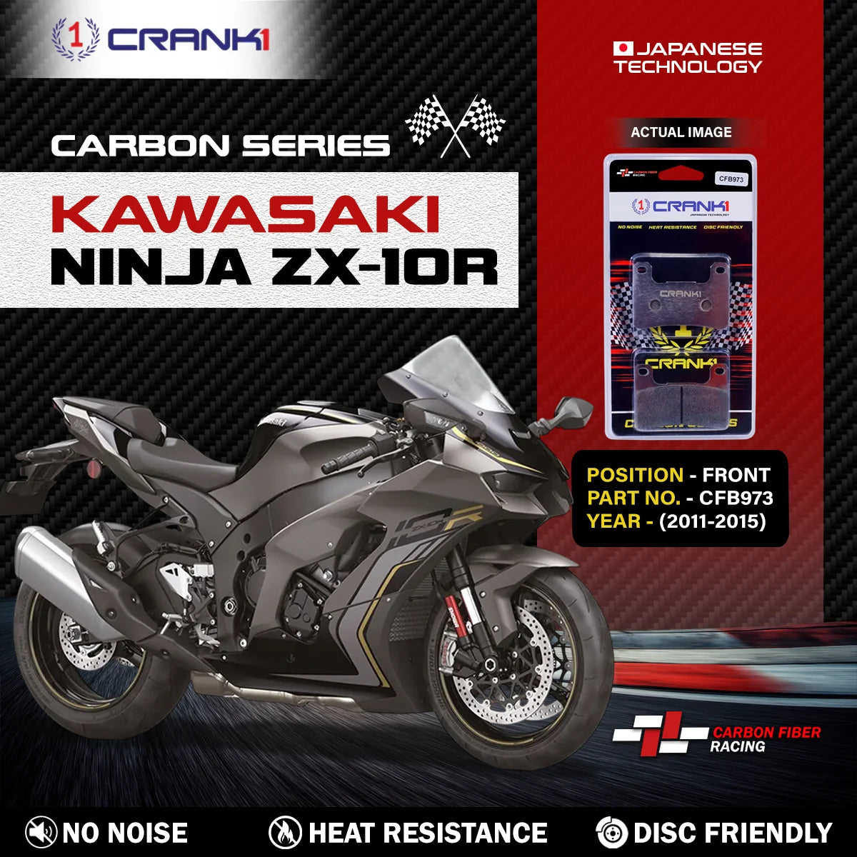 CRANK1 Carbon Front Brake Pads CFB973 for Kawasaki Ninja ZX-10R 2011 2012 2013 2014 2015 Motorcycle Front Brake Pads 2 Sets
