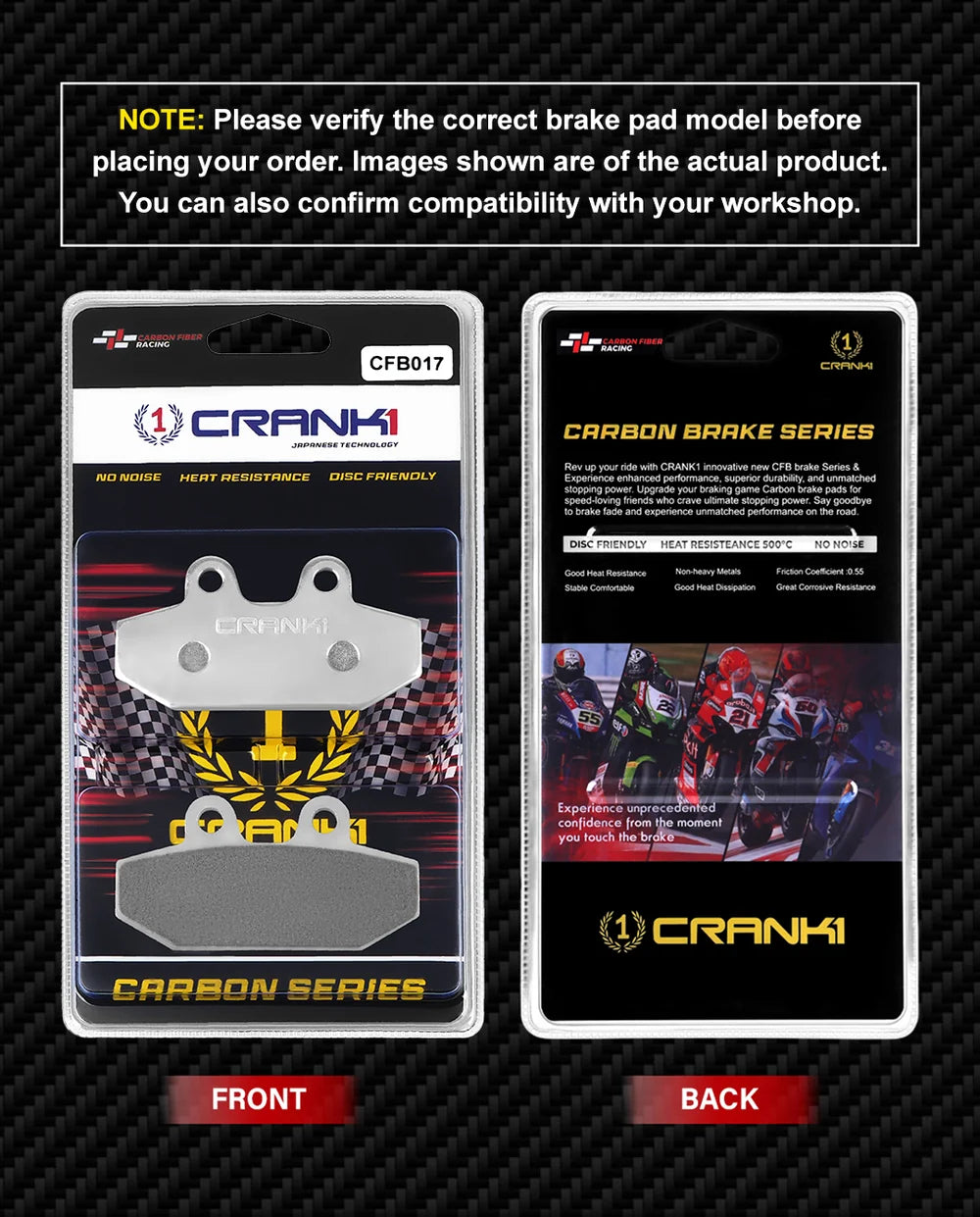CRANK1 Carbon Rear Brake Pads CFB017 for Harley Davidson Heritage Softail Classic 2018 Onwards Premium Kevlar Motorcycle Brake Pads