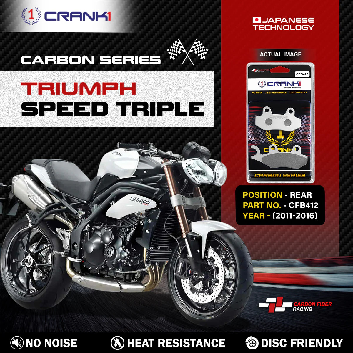 CRANK1 Carbon Rear Brake Pads CFB412 for Triumph Speed Triple 2011-2016 Performance Motorcycle Brake Pads