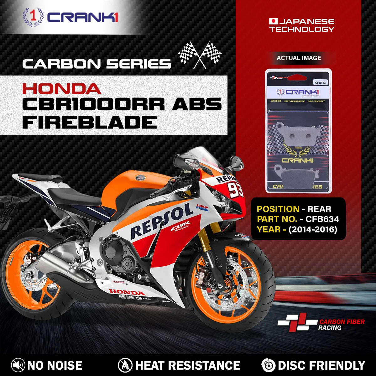 CRANK1 Carbon Rear Brake Pads CFB634 for Honda CBR1000RR ABS Fireblade 2014-2016 High Performance Kevlar Motorcycle Brake Pads