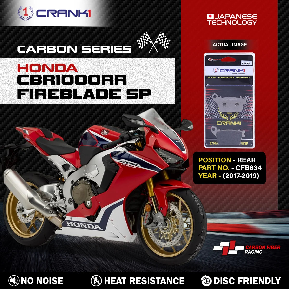 CRANK1 Carbon Rear Brake Pads CFB634 for Honda CBR1000RR Fireblade SP 2017-2019 High Performance Kevlar Motorcycle Brake Pads