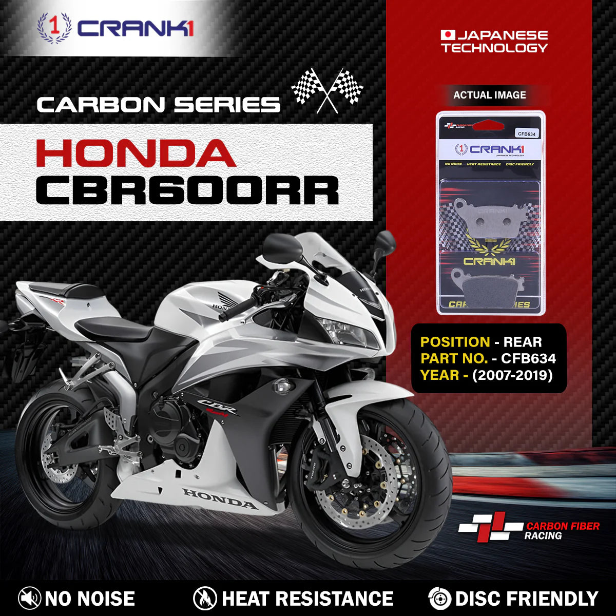 CRANK1 Carbon Rear Brake Pads CFB634 for Honda CBR600RR 2007-2019 High Performance Kevlar Motorcycle Brake Pads