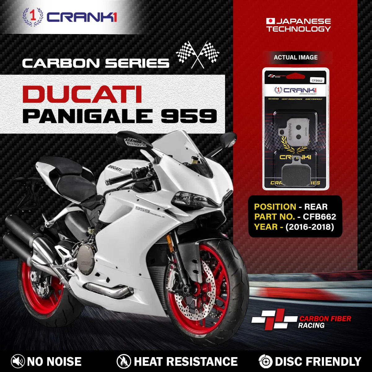 CRANK1 Carbon Rear Brake Pads CFB662 for Ducati Panigale 959 (2016–2018)