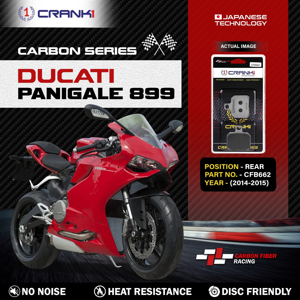 CRANK1 Carbon Rear Brake Pads CFB662 for Ducati Panigale 899 (2014–2015)