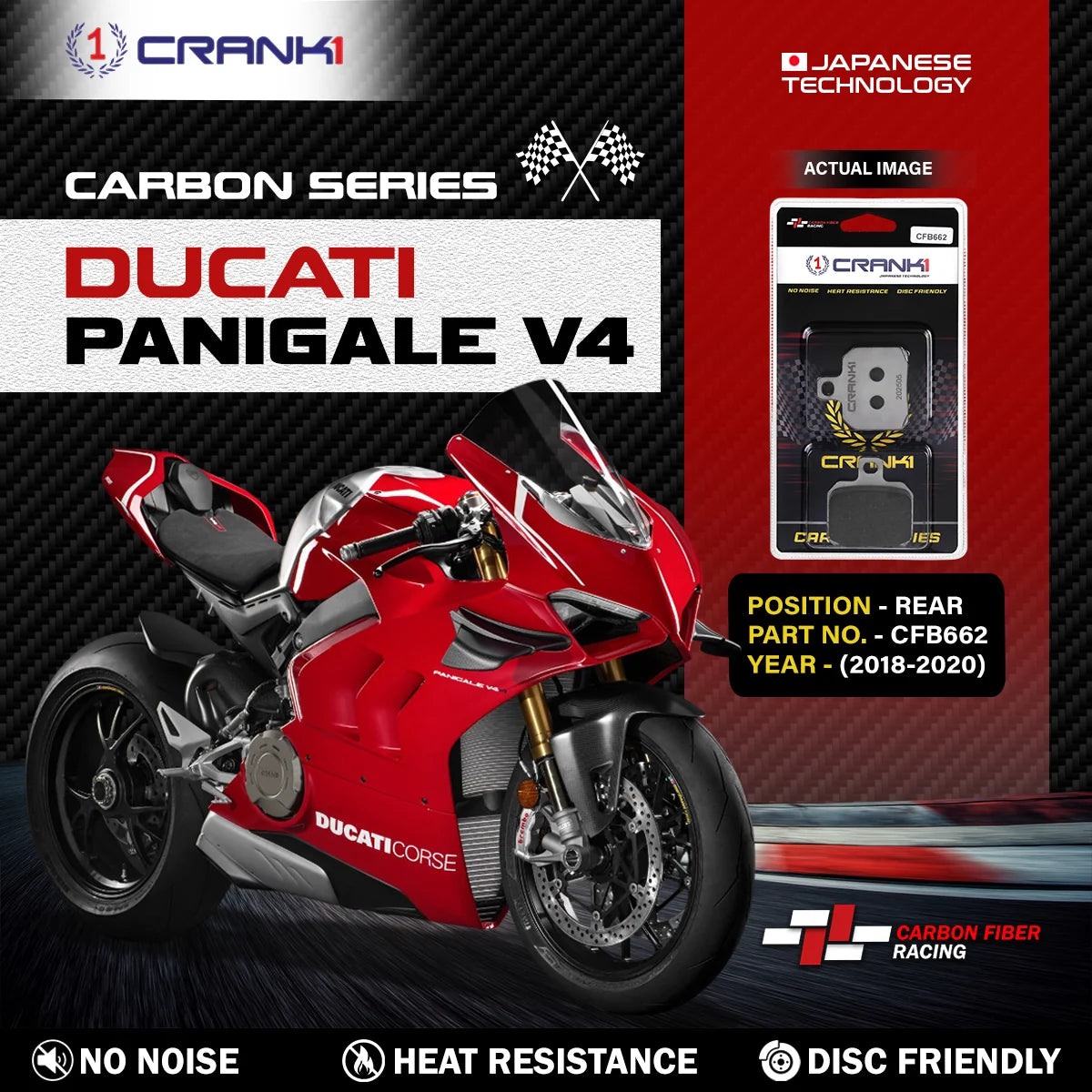 CRANK1 Carbon Rear Brake Pads CFB662 for Ducati Panigale V4 (2018–2020)