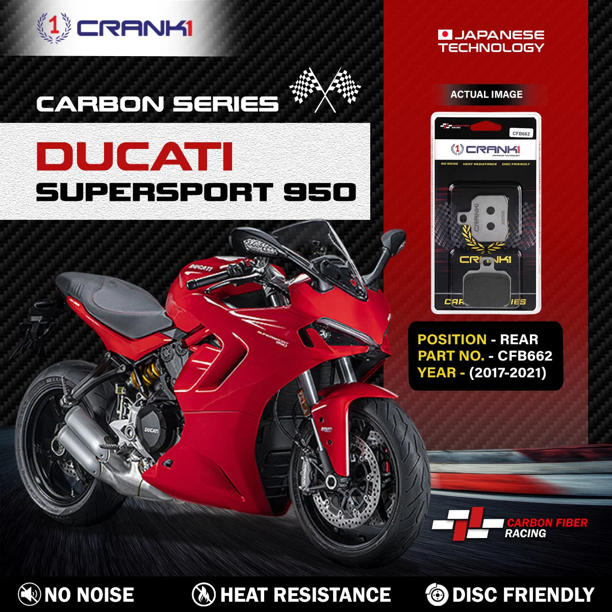 CRANK1 Carbon Rear Brake Pads CFB662 for Ducati SuperSport 950 (2017-2021)