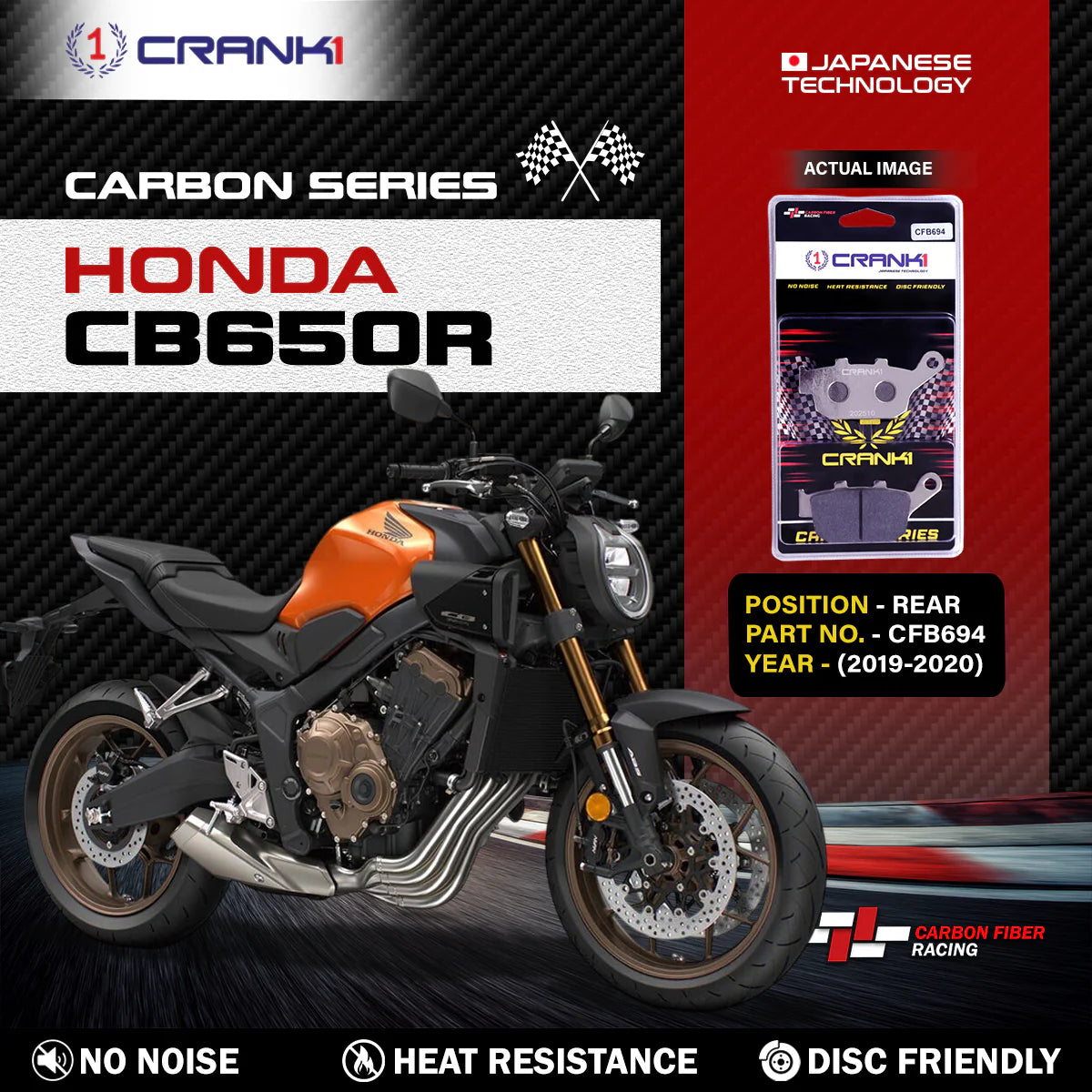 CRANK1 Carbon Rear Brake Pads CFB694 for Honda CB650R 2019-2020 High Performance Motorcycle Brake Pads