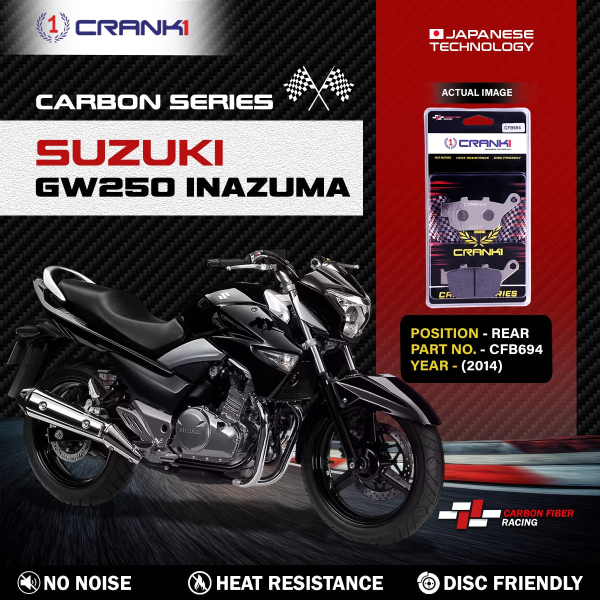 CRANK1 Carbon Rear Brake Pads CFB694 for Suzuki GW250 Inazuma 2014 High Performance Motorcycle Brake Pads