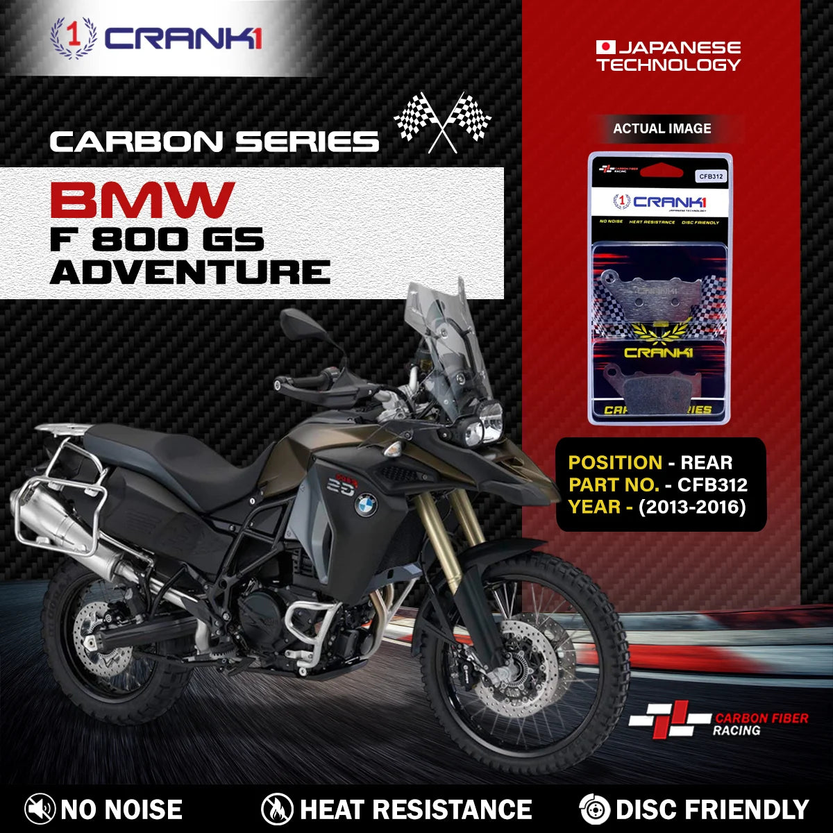 CRANK1 Carbon Rear Brake Pads for BMW F 800 GS Adventure 2013-2016 CFB312