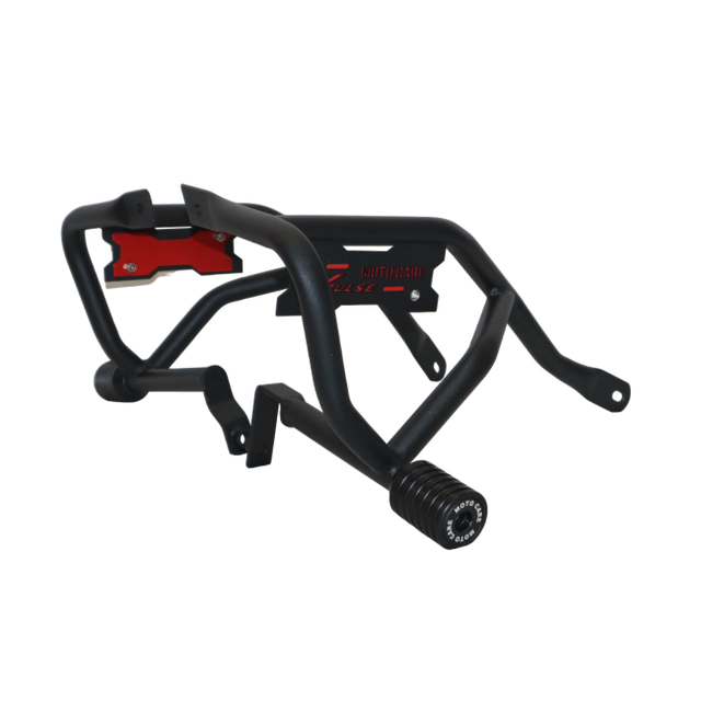 MotoCare crash guard with dual sliders and name plate installed on Hero Xpulse motorcycle providing engine protection and rugged styling