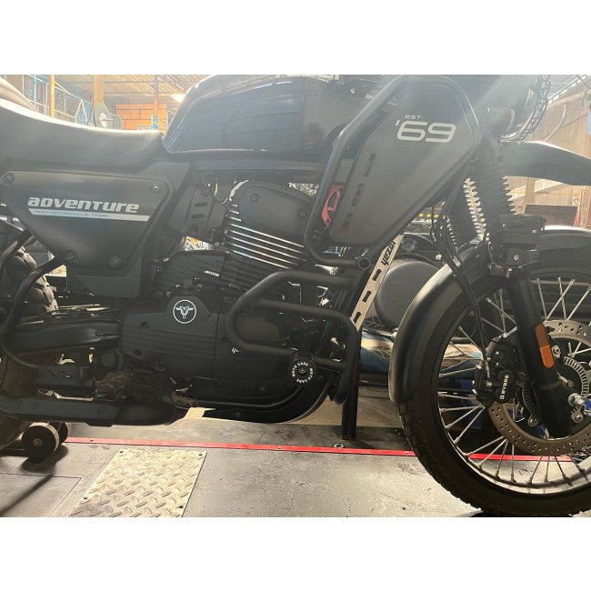 MotoCare crash guard with four sliders installed on Yezdi Adventure 2024 motorcycle engine protection accessory