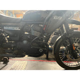MotoCare crash guard with four sliders installed on Yezdi Adventure 2024 motorcycle engine protection accessory