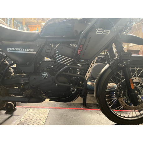 MotoCare crash guard with four sliders installed on Yezdi Adventure 2024 motorcycle engine protection accessory