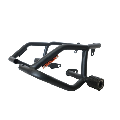 MotoCare crash guard with dual sliders installed on Yezdi Roadster motorcycle showing engine protection and rugged design