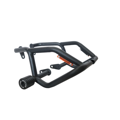 MotoCare crash guard with dual sliders installed on Yezdi Roadster motorcycle showing engine protection and rugged design