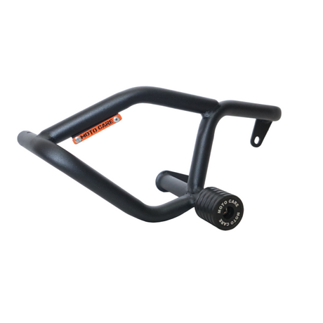 MotoCare crash guard with dual sliders installed on Yezdi Roadster motorcycle showing engine protection and rugged design