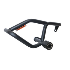 MotoCare crash guard with dual sliders installed on Yezdi Roadster motorcycle showing engine protection and rugged design