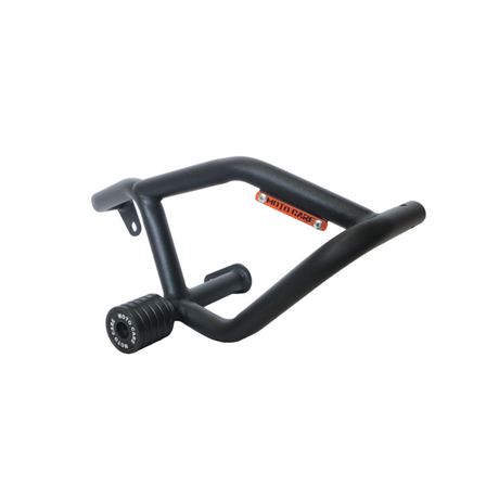 MotoCare crash guard with dual sliders installed on Yezdi Roadster motorcycle showing engine protection and rugged design