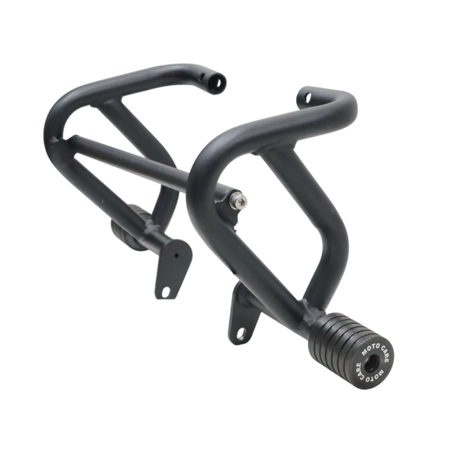 MotoCare crash guard with dual sliders installed on Jawa 42 Bobber motorcycle for engine and frame protection during impact