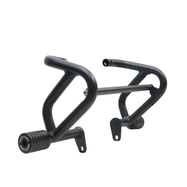 MotoCare crash guard with dual sliders installed on Jawa 42 Bobber motorcycle for engine and frame protection during impact