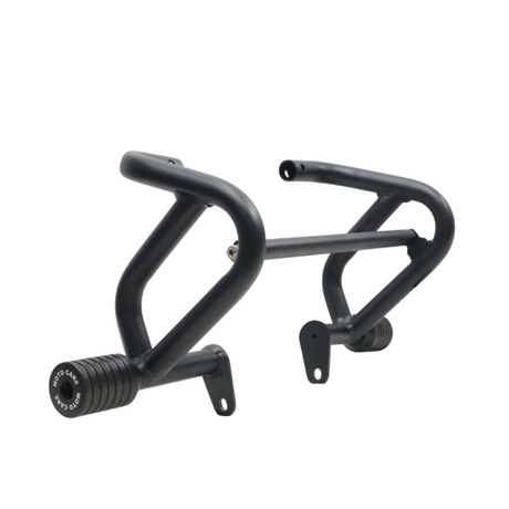 MotoCare crash guard with dual sliders installed on Jawa 42 Bobber motorcycle for engine and frame protection during impact