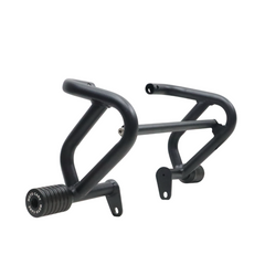 MotoCare crash guard with dual sliders installed on Jawa 42 Bobber motorcycle for engine and frame protection during impact