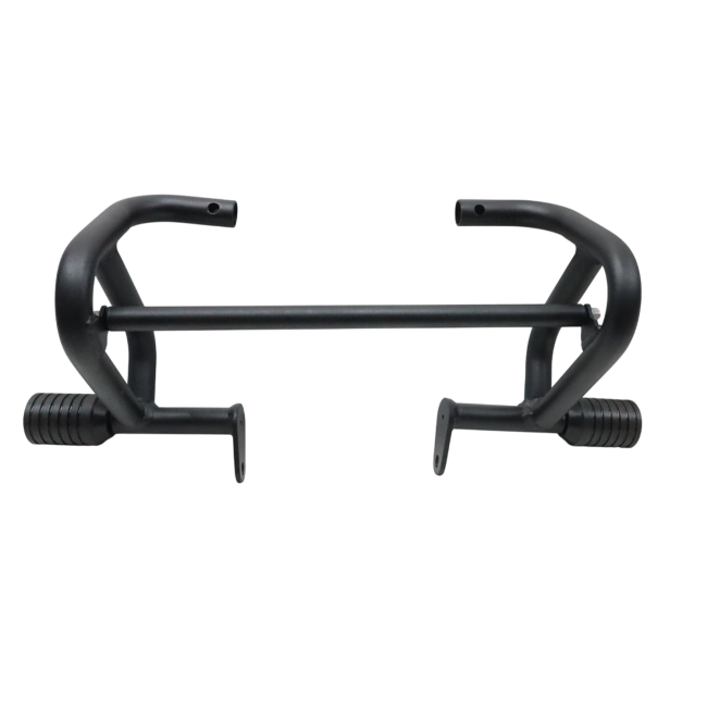 MotoCare crash guard with dual sliders installed on Jawa 42 Bobber motorcycle for engine and frame protection during impact