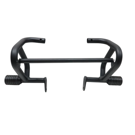 MotoCare crash guard with dual sliders installed on Jawa 42 Bobber motorcycle for engine and frame protection during impact