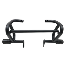 MotoCare crash guard with dual sliders installed on Jawa 42 Bobber motorcycle for engine and frame protection during impact