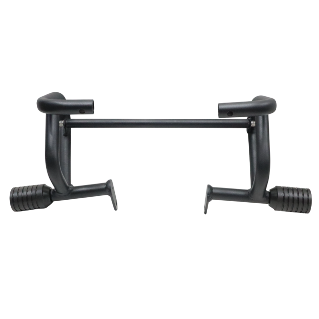 MotoCare crash guard with dual sliders installed on Jawa 42 Bobber motorcycle for engine and frame protection during impact