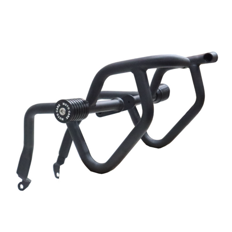 MotoCare crash guard with dual sliders installed on Jawa 42 FJ motorcycle for engine and frame protection during impact