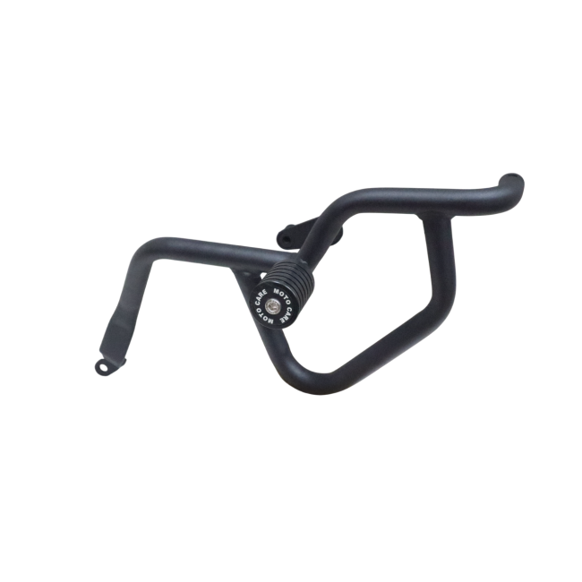 MotoCare crash guard with dual sliders installed on Jawa 42 FJ motorcycle for engine and frame protection during impact