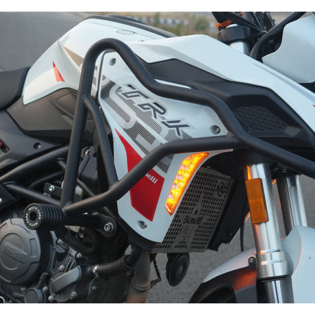 Motocare crash guard with dual sliders on Benelli TRK 251
