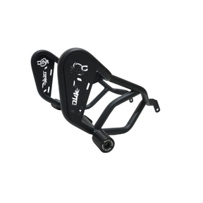 MotoCare KTM Duke 200 BS6 crash guard with dual sliders installed for engine protection and frame safety with logo branding